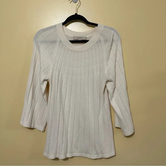 Loft A-line Ribbed Flare Sleeve Round Neck Sweater Women Med Cream - Picture 2 of 5